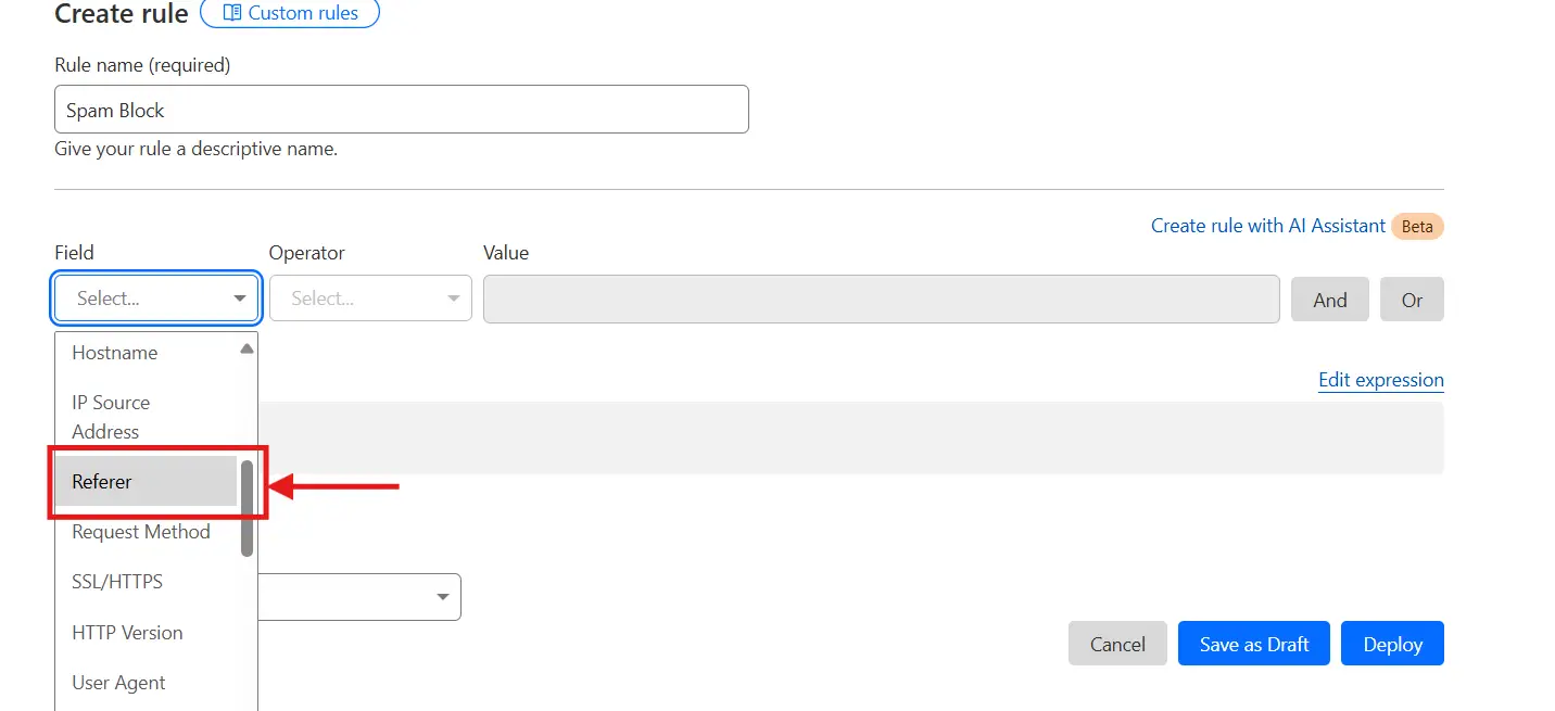 Give the rule a name and in the 'Field', select 'Referrer'