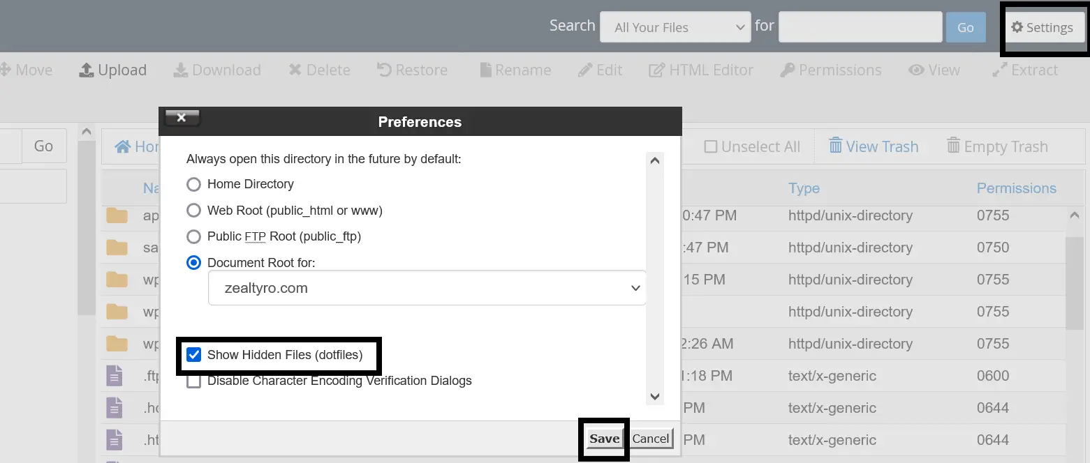 click on the "settings" and check "Show Hidden Files (dotfiles)" and click "save"