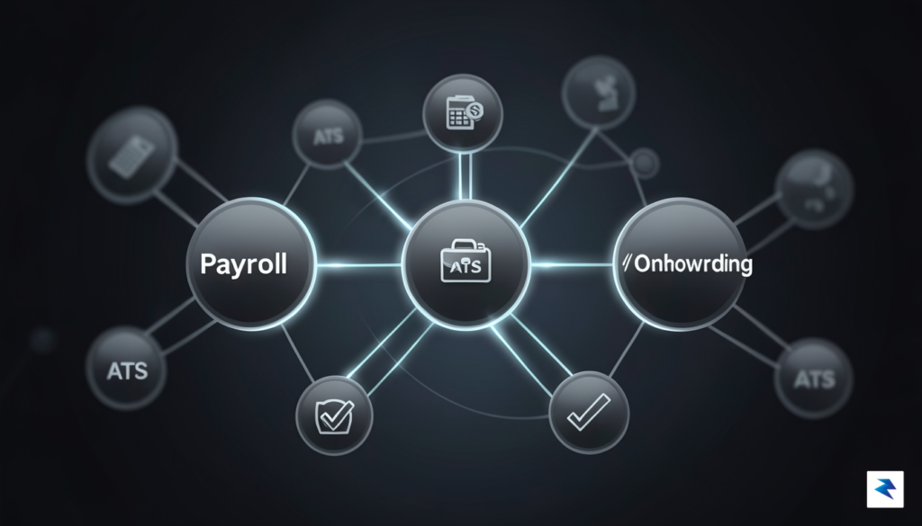 A digital visualization showing interconnected nodes representing different HR software&hellip;