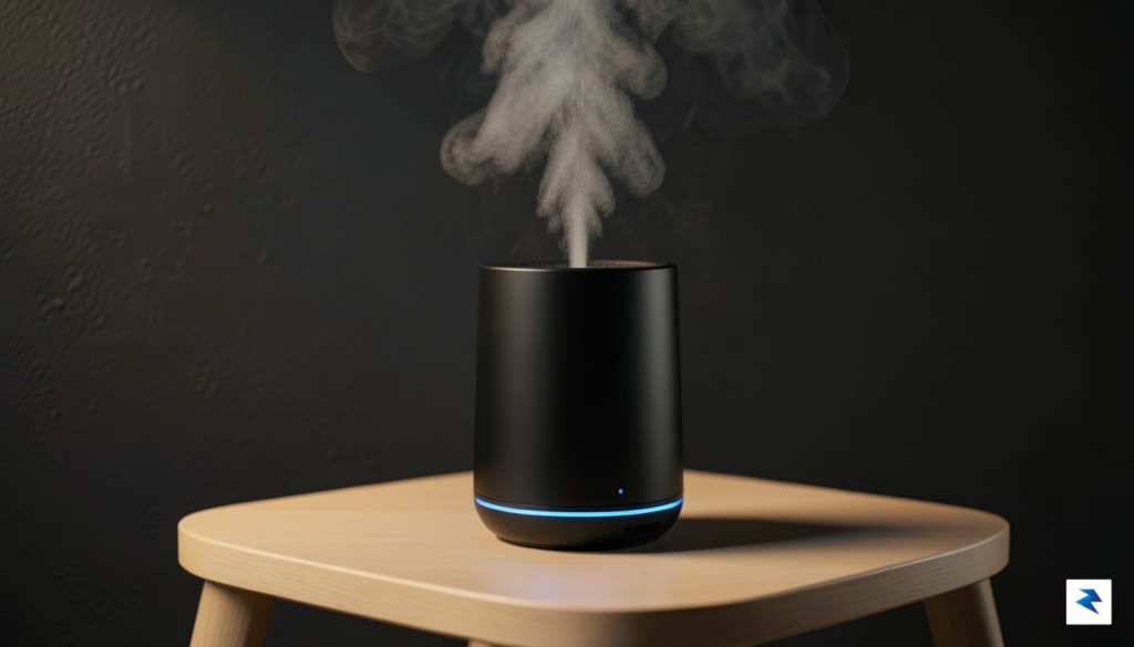 A close-up, high-resolution shot of a modern ultrasonic diffuser running&hellip;