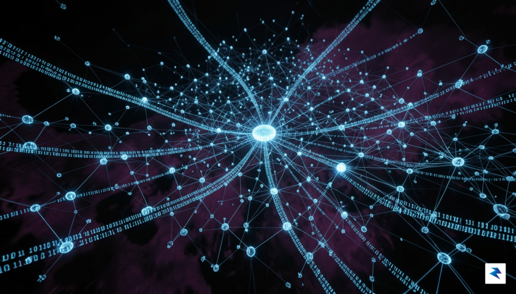 A digital visualization of a vast, glowing network of interconnected…