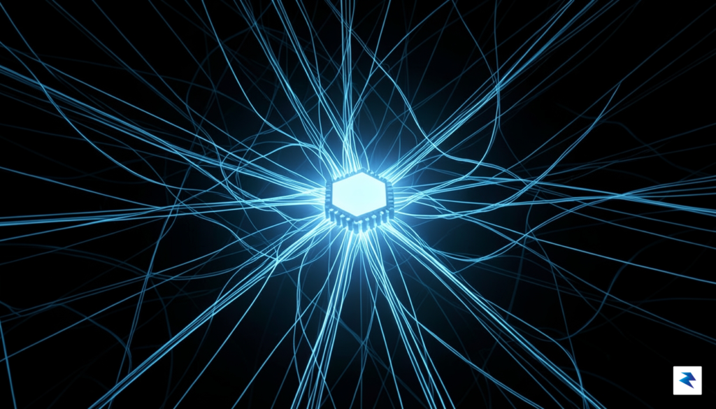A digital visualization of a dark, glowing network map with…