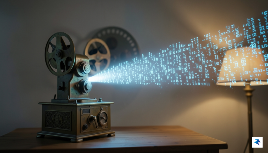 A surreal, cinematic shot of a vintage film projector casting&hellip;