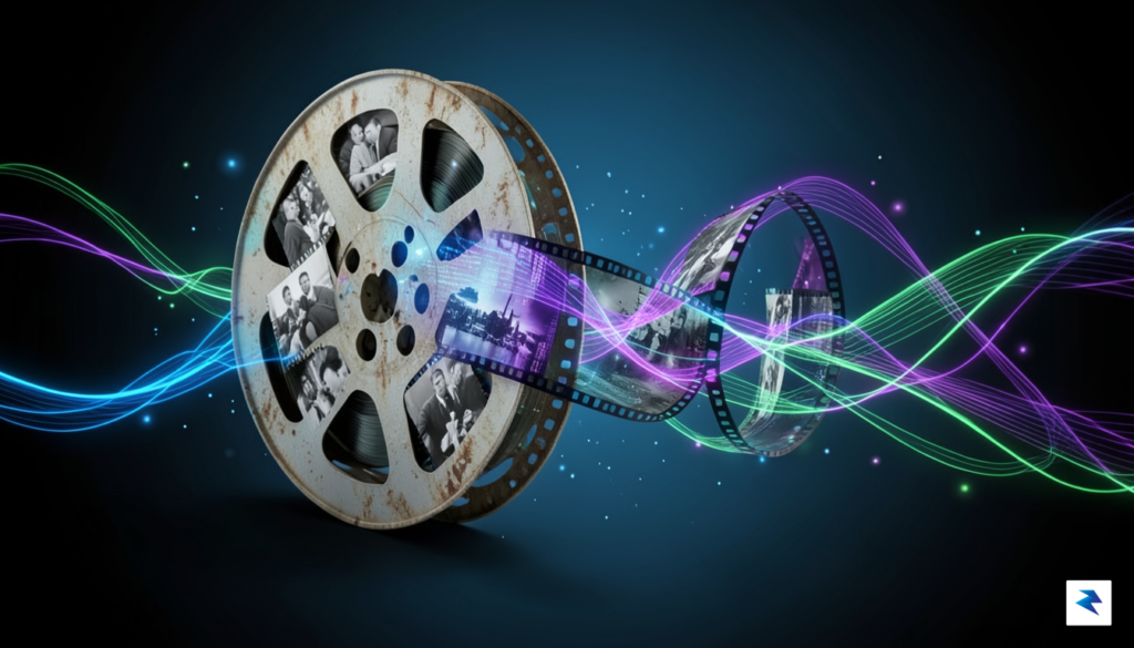 A conceptual digital art piece showing a film reel transitioning&hellip;