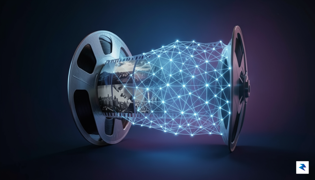 A conceptual digital art piece showing a vintage 35mm film&hellip;