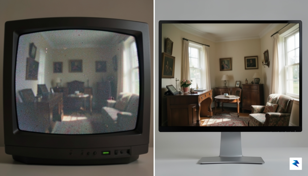 A split-screen comparison showing a grainy, low-resolution archival video clip&hellip;