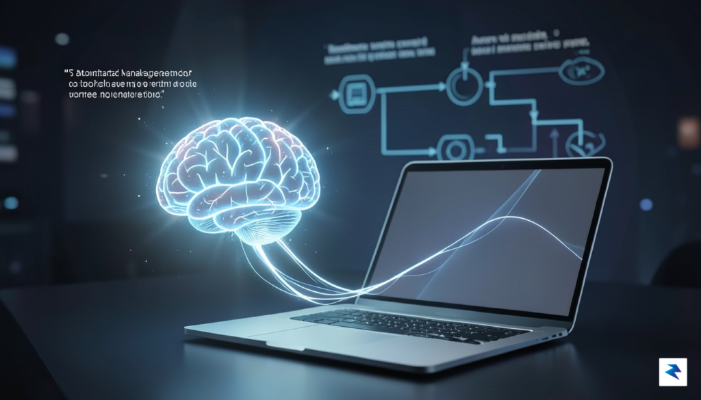 A conceptual digital illustration showing a glowing AI brain icon&hellip;