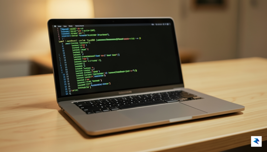 A close-up, cinematic shot of a modern, sleek silver MacBook&hellip;