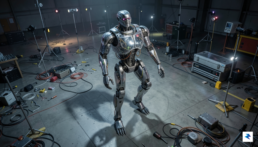 A high-angle, cinematic shot of an early prototype bipedal robot&hellip;