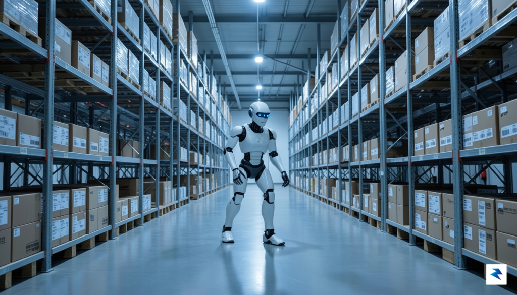 A sleek, bipedal humanoid robot named Digit carefully maneuvering through&hellip;