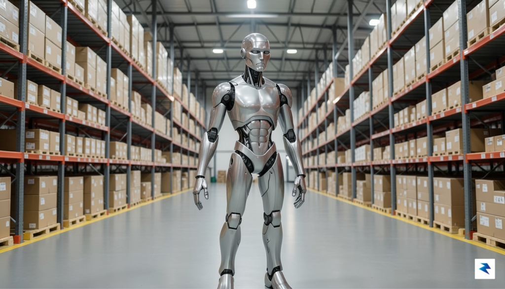 A wide-angle shot of a sleek, industrial-grade humanoid robot operating&hellip;
