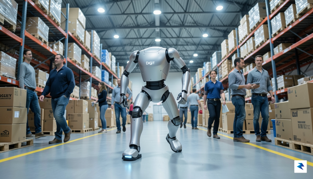A sleek, bipedal humanoid robot, Agility Robotics' Digit, carefully navigating&hellip;