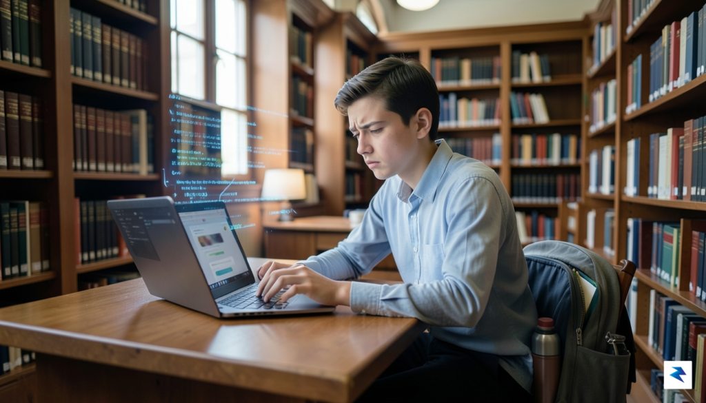 A student looking stressed at a laptop with a blurred&hellip;