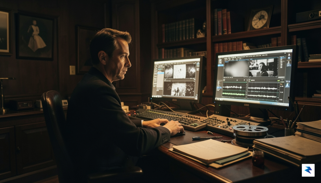 A cinematic, high-contrast shot of a film editor sitting in&hellip;