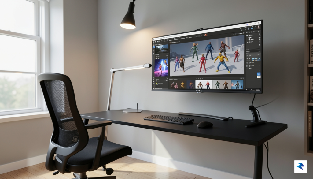 A sleek, modern studio workspace featuring a large digital display&hellip;