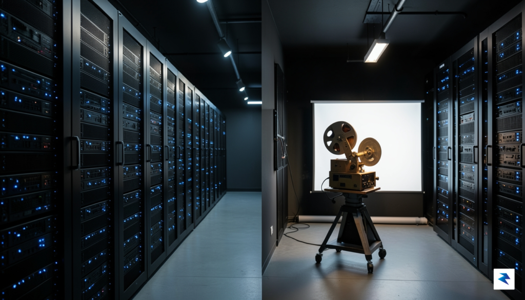 A cinematic, high-contrast shot of a sleek, modern server room&hellip;