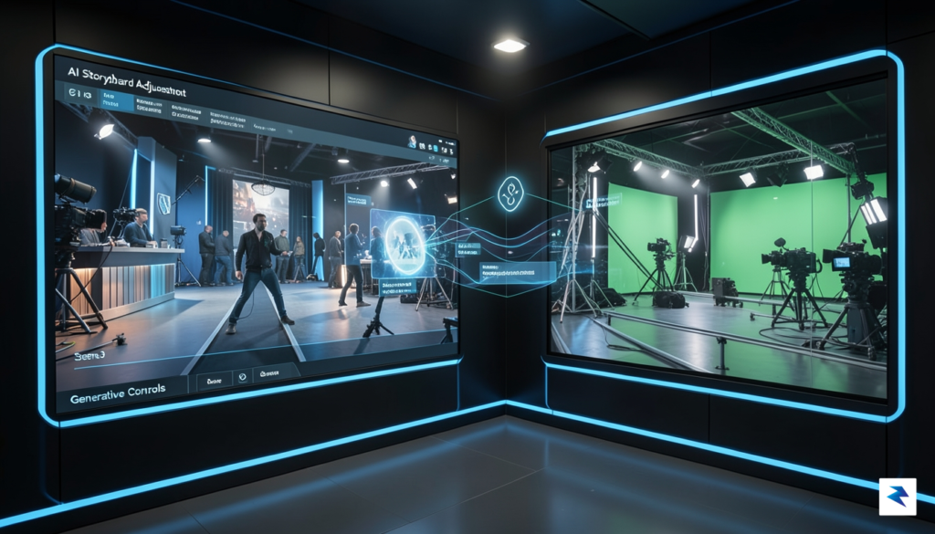 A sleek, futuristic film production studio interface showing a digital&hellip;