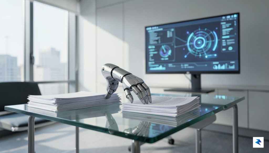 A modern, minimalist illustration of a robotic hand sorting through&hellip;
