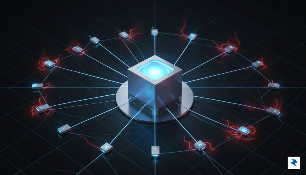 A conceptual digital visualization showing a glowing, interconnected network of&hellip;