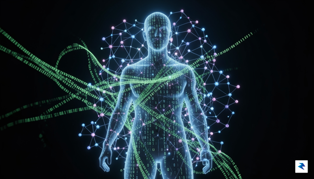 A digital visualization of a glowing human silhouette being intricately&hellip;