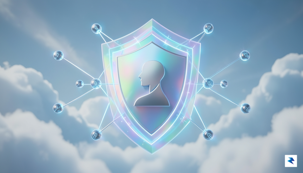 A conceptual digital visualization showing a glowing, multi-layered security shield&hellip;