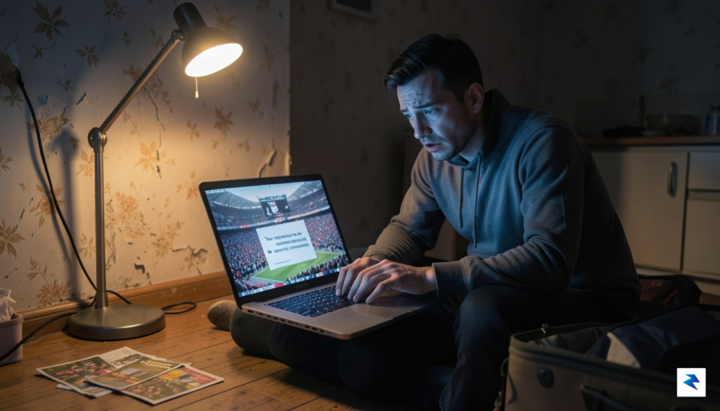 A stressed traveler sitting at a laptop in a dimly&hellip;