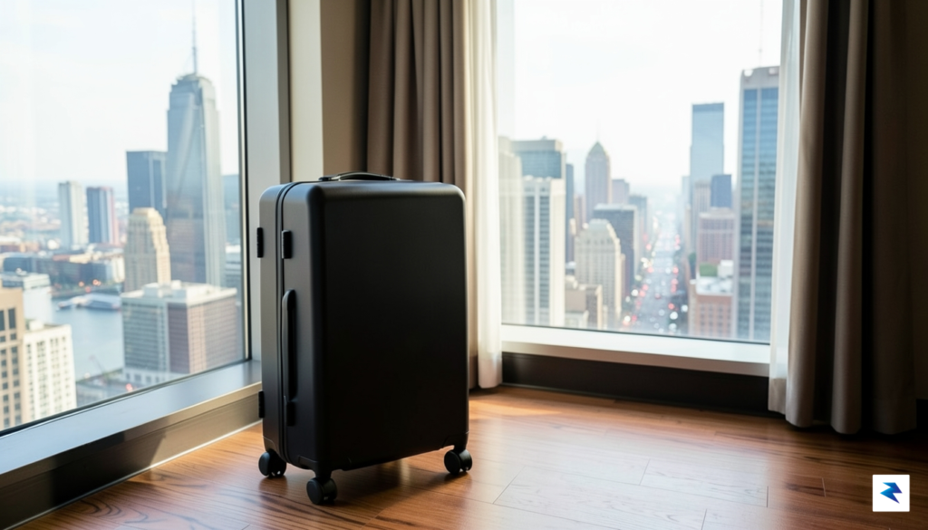 A modern, minimalist suitcase sitting on a hotel room floor&hellip;