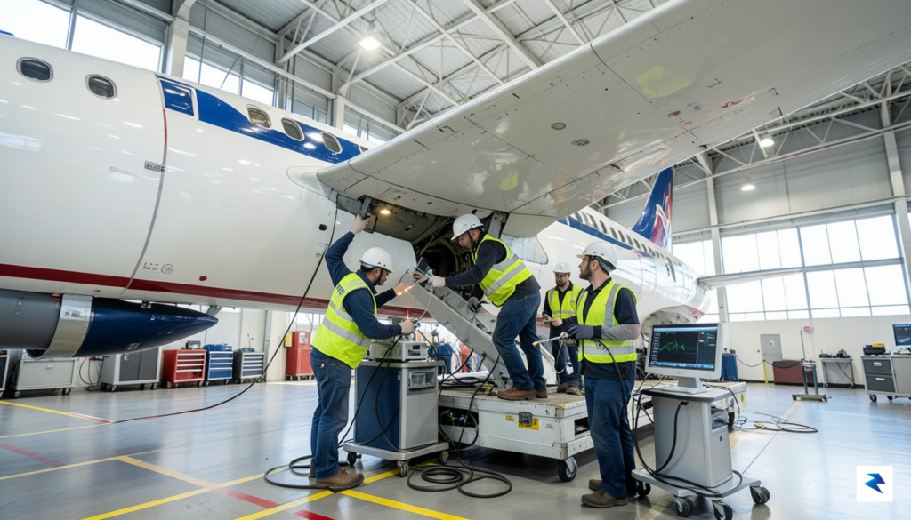 A wide-angle shot of a team of aerospace engineers using&hellip;