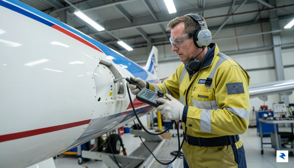 A close-up, high-detail photograph of an aerospace engineer using specialized&hellip;