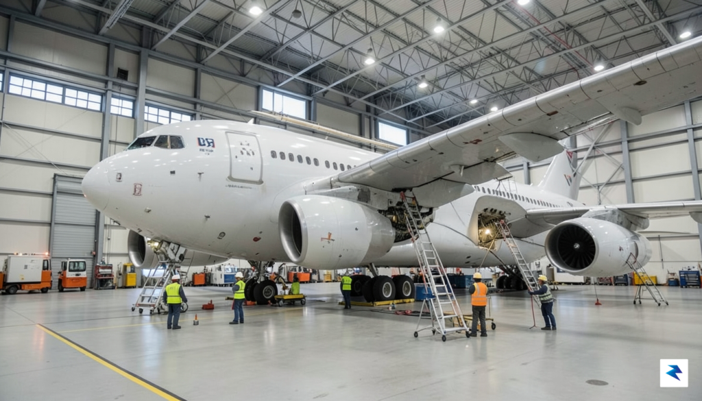 A wide-angle shot of a grounded Airbus A380 sitting in&hellip;
