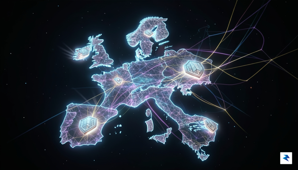 A conceptual digital visualization of a glowing, interconnected European map&hellip;