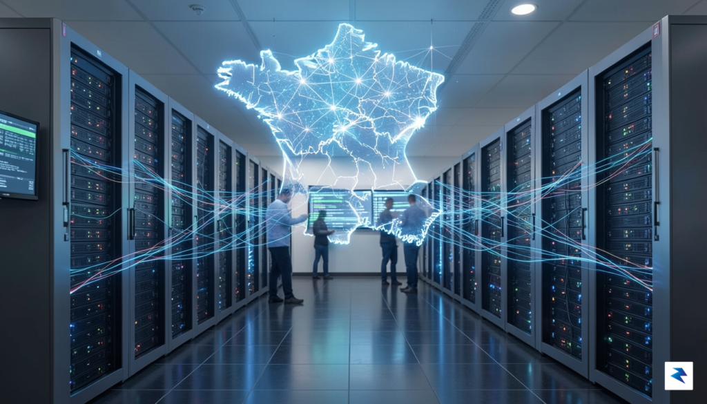 A high-tech data center interior in Paris, featuring glowing blue&hellip;