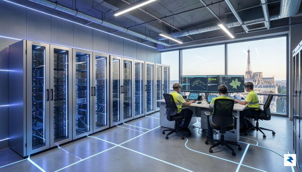 A modern, high-tech data center interior in Paris with glowing&hellip;