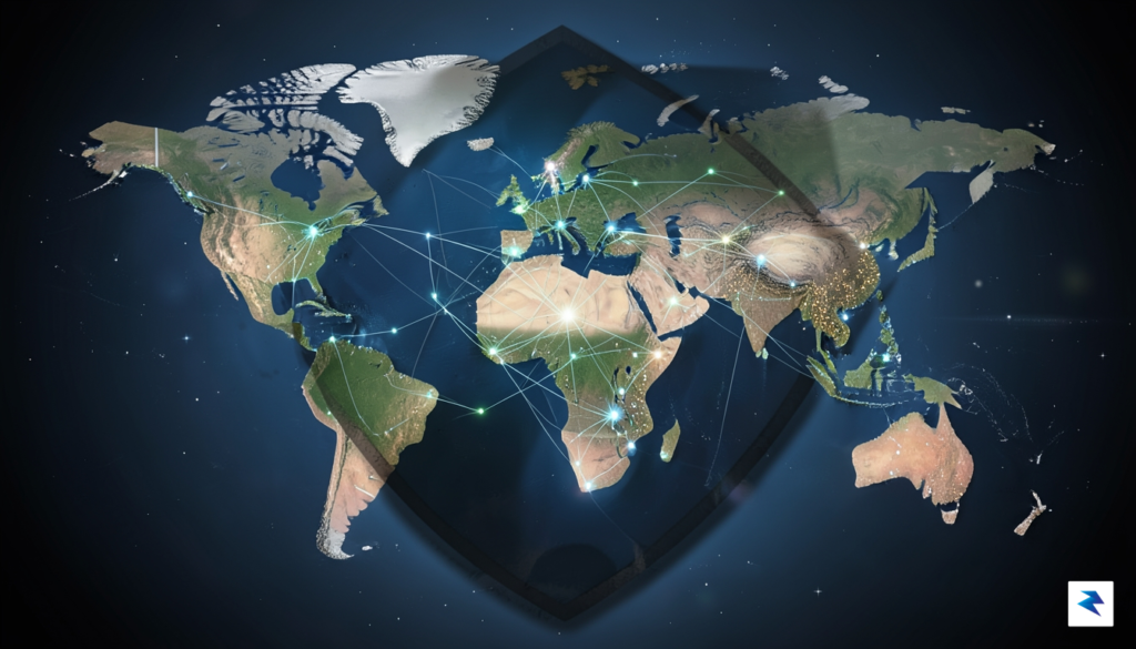 A digital illustration showing a complex global trade network map&hellip;