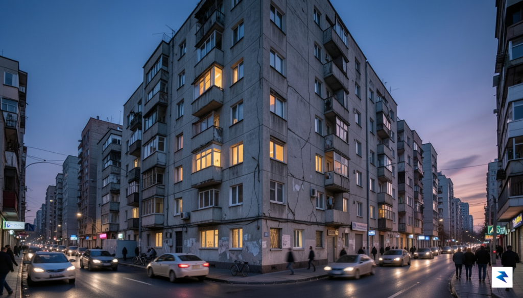 A wide-angle, cinematic shot of a weathered apartment building facade&hellip;