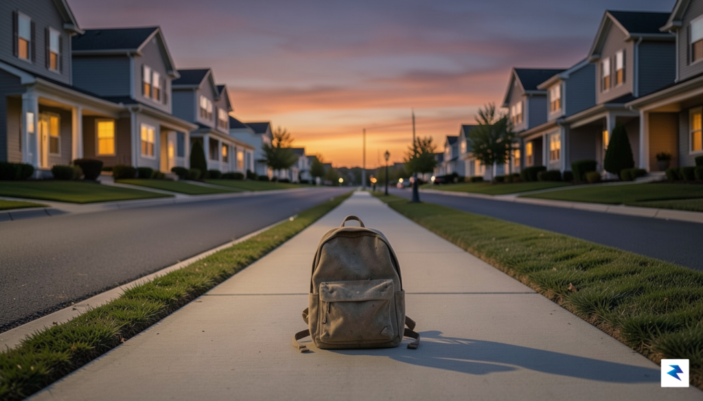 A wide-angle, cinematic photograph of an empty, well-lit suburban street&hellip;