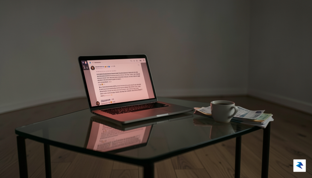 A dimly lit, minimalist living room seen from a low&hellip;
