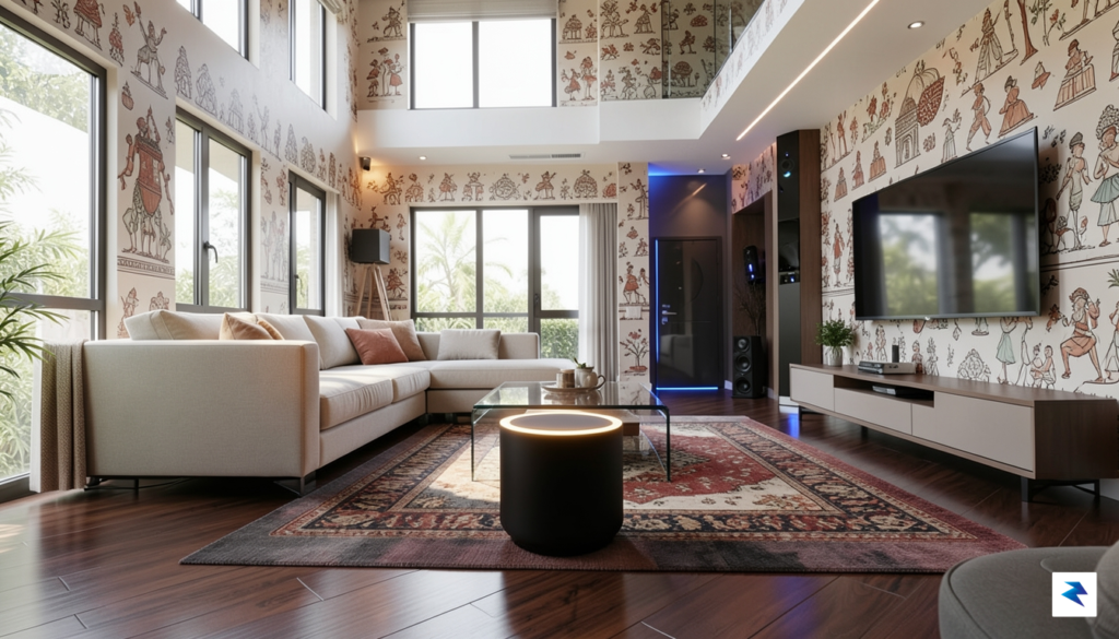 A vibrant, high-tech interior of a modern Indian living room&hellip;