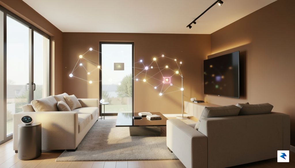 A conceptual digital illustration of a modern, warm living room&hellip;