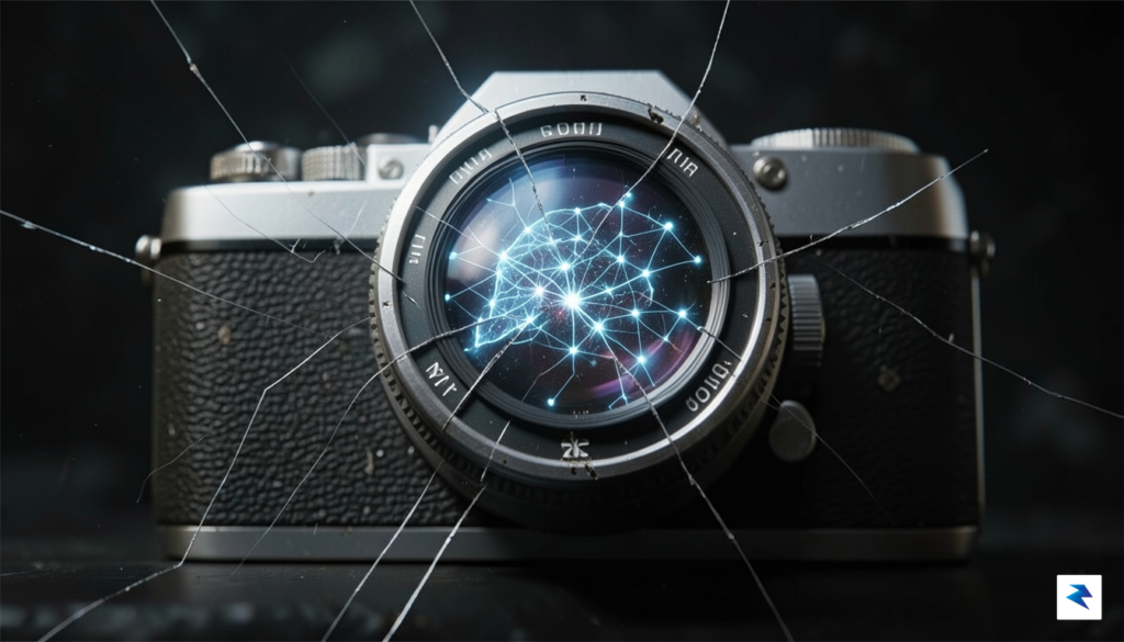 A conceptual digital art piece showing a film camera lens&hellip;