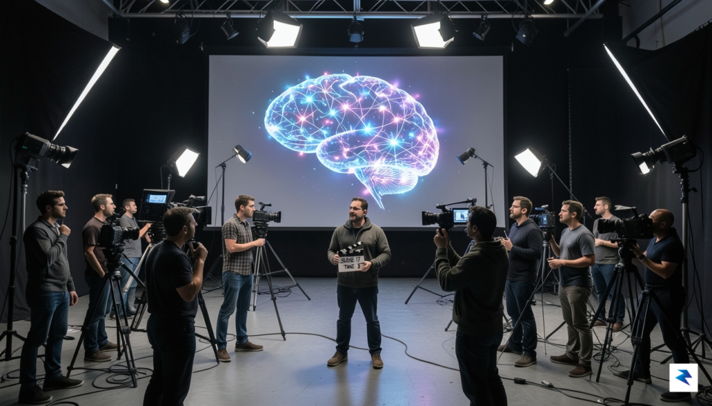 A dramatic film set with a glowing, abstract digital brain&hellip;