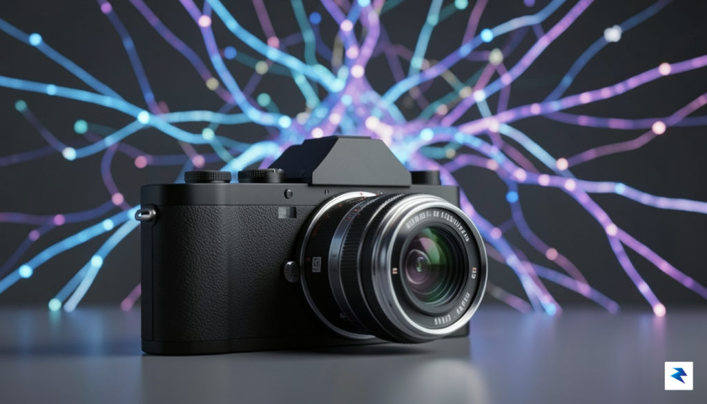 A conceptual image showing a sleek, modern film camera pointed&hellip;