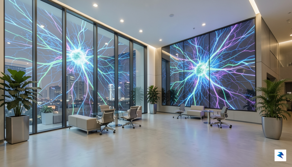 A sleek, modern office lobby where a large, glowing digital&hellip;