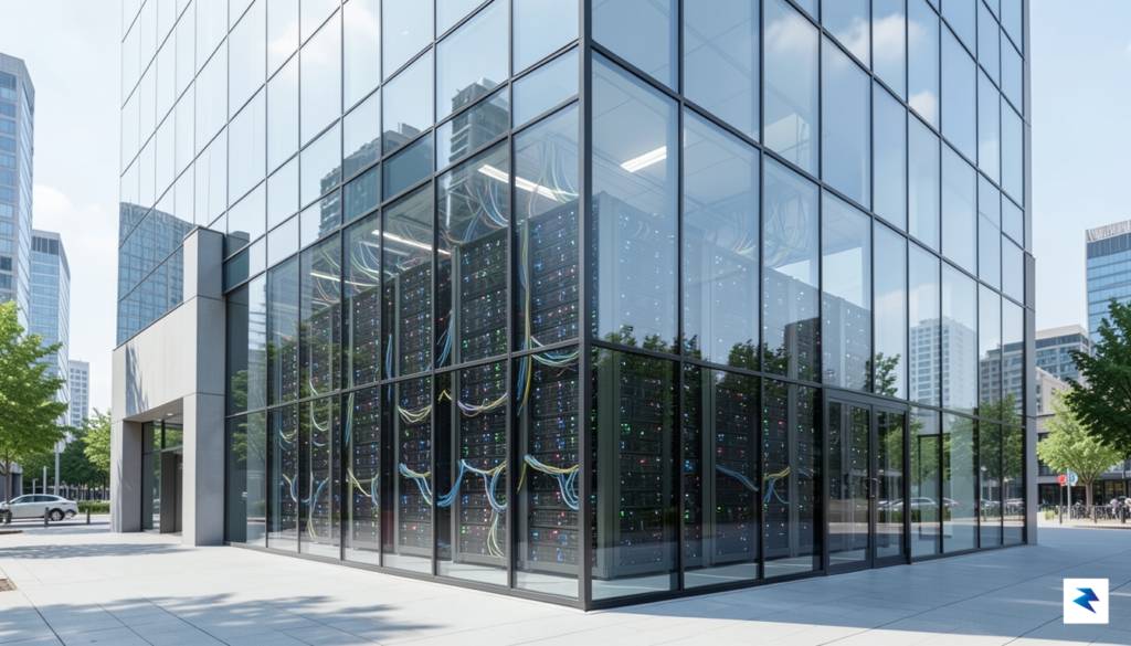 A conceptual illustration showing a modern glass-walled office building with&hellip;