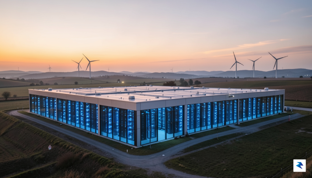 A wide-angle, cinematic shot of a modern, massive data center&hellip;