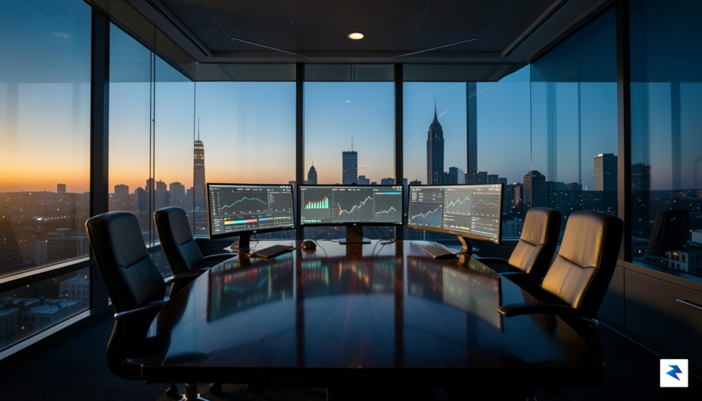 A dramatic, high-contrast photograph of a sleek glass-walled boardroom in&hellip;