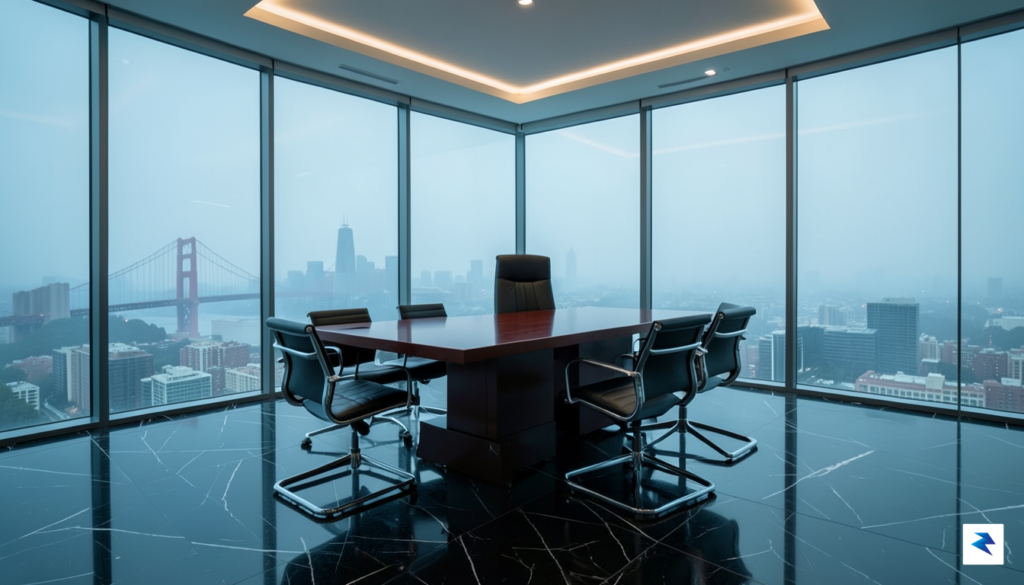 A conceptual, cinematic shot of a sleek, modern glass boardroom&hellip;
