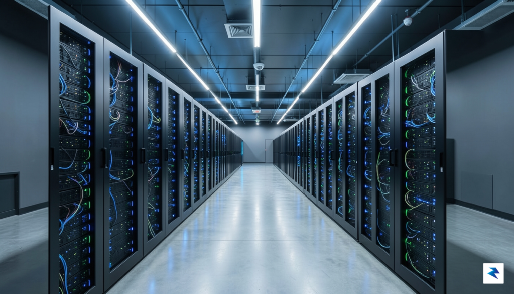A modern, high-tech data center interior in India showing rows&hellip;