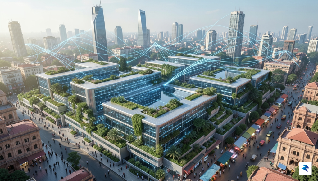 A wide-angle digital illustration showing a futuristic, interconnected data center&hellip;