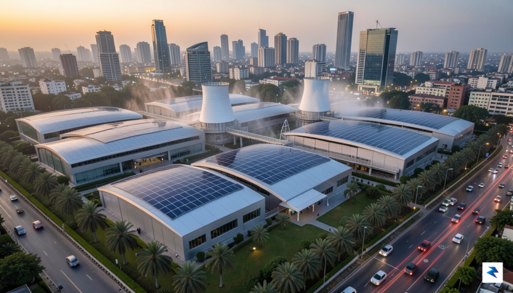 An aerial view of a futuristic, sprawling data center campus&hellip;